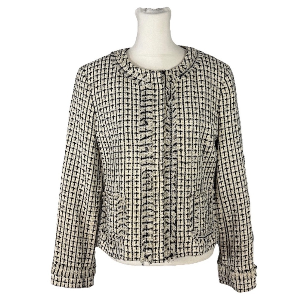 APOSTROPHE Women’s Tweed Blazer Jacket Knit Preppy Fringe Petite Size 10P Zip